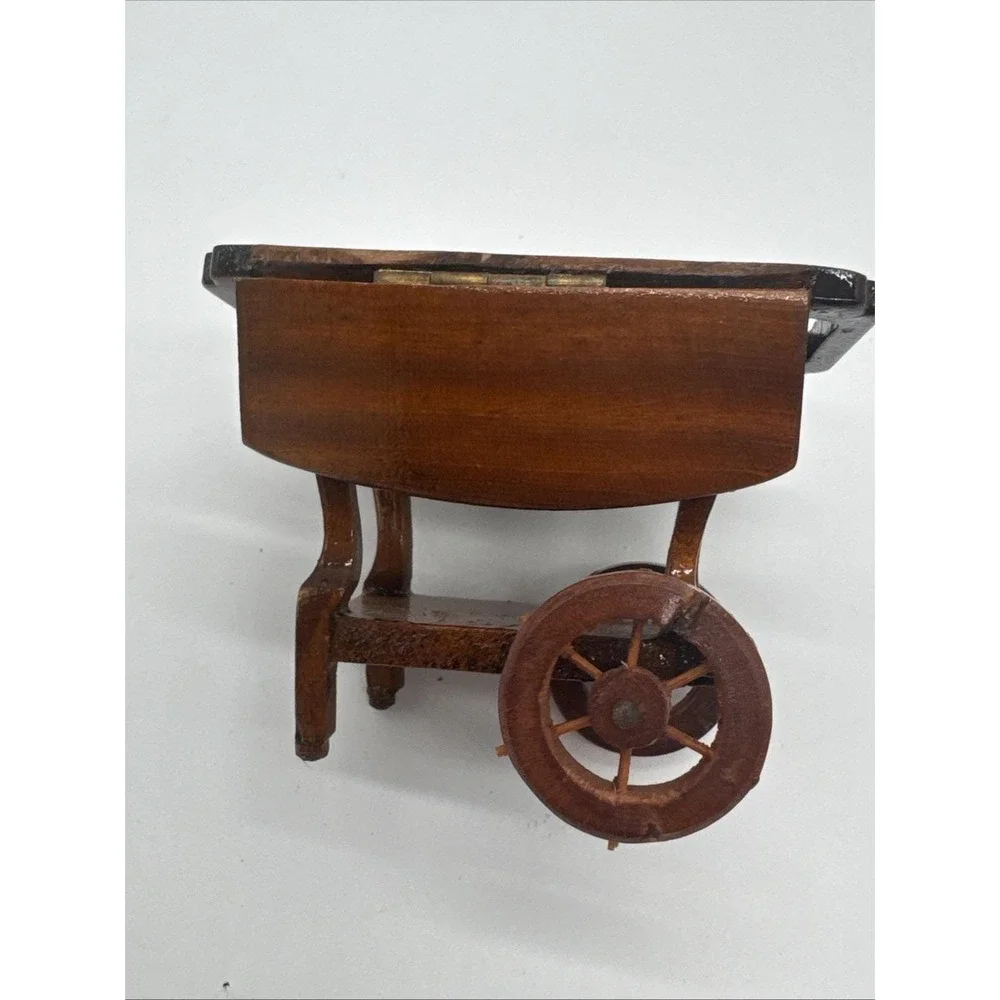 Vtg Dollhouse Miniature Wooden Tea Cart Serving Table On Wheels Furniture